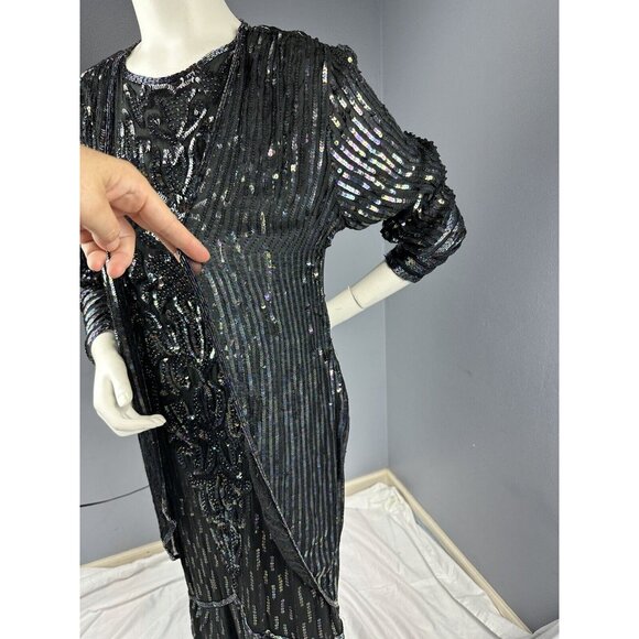Vtg Fantasy By Lisa Kane Pure Silk Embellished Black Beaded Dress 36” Bust - Picture 6 of 16
